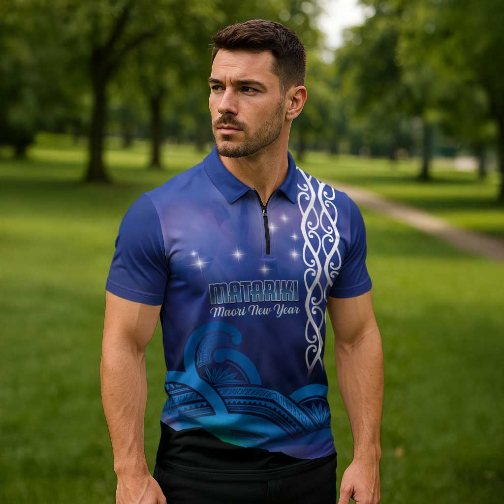 Personalised Matariki New Zealand Zipper Polo Shirt Maori New Year Galaxy Koru Pattern - Aussie Hoodie