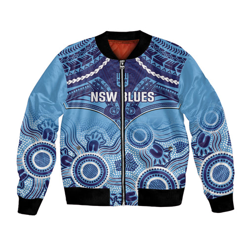 Custom NSW Blues Rugby Bomber Jacket Aboriginal Mix Polynesian Pattern