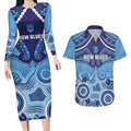 Custom NSW Blues Rugby Couples Matching Long Sleeve Bodycon Dress and Hawaiian Shirt Aboriginal Mix Polynesian Pattern