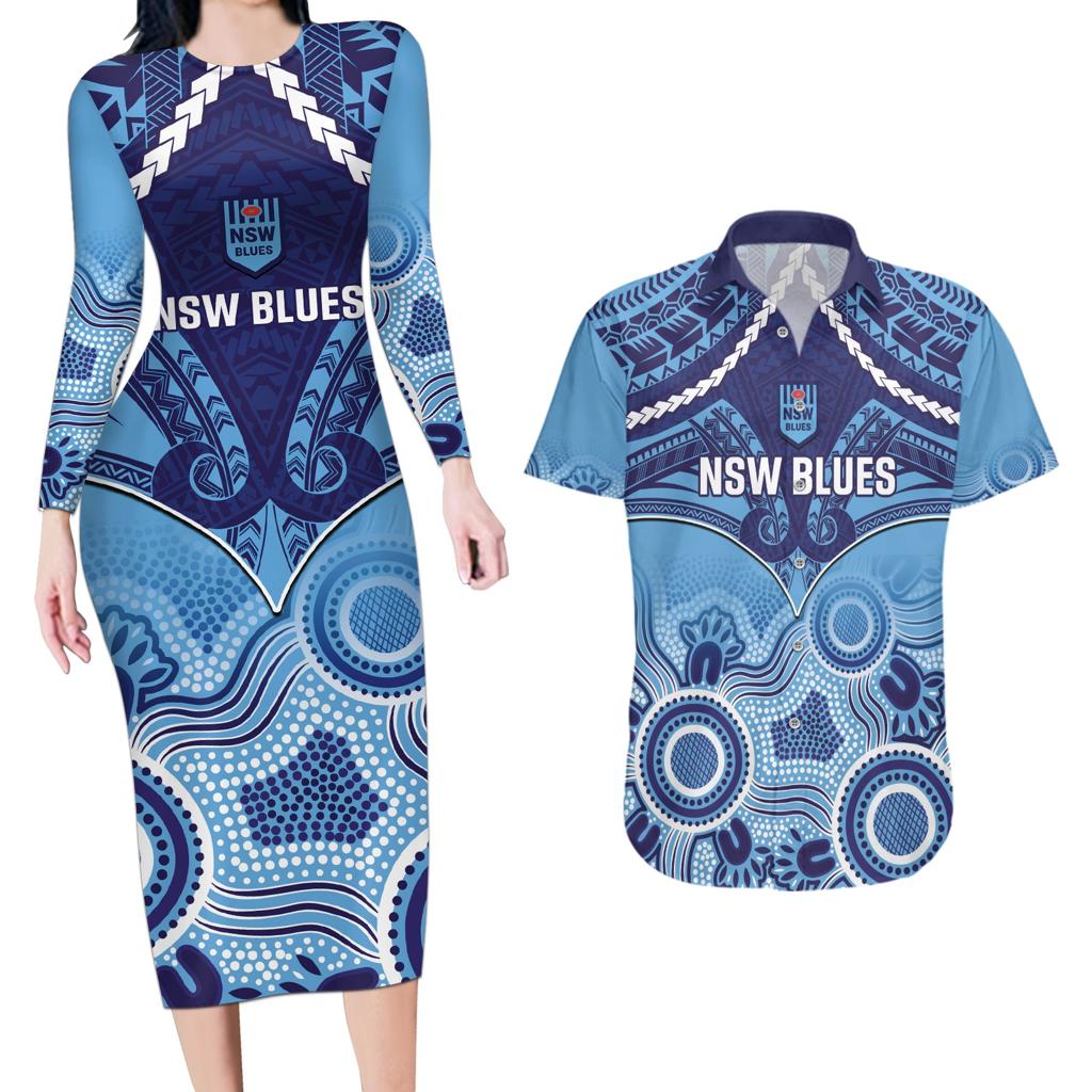 Custom NSW Blues Rugby Couples Matching Long Sleeve Bodycon Dress and Hawaiian Shirt Aboriginal Mix Polynesian Pattern