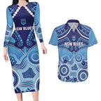 Custom NSW Blues Rugby Couples Matching Long Sleeve Bodycon Dress and Hawaiian Shirt Aboriginal Mix Polynesian Pattern