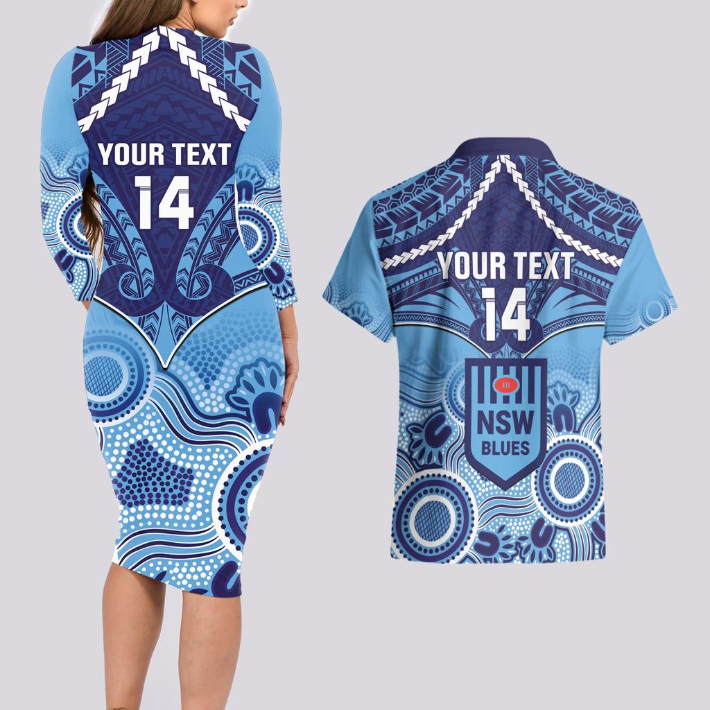 Custom NSW Blues Rugby Couples Matching Long Sleeve Bodycon Dress and Hawaiian Shirt Aboriginal Mix Polynesian Pattern