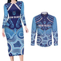 Custom NSW Blues Rugby Couples Matching Long Sleeve Bodycon Dress and Long Sleeve Button Shirt Aboriginal Mix Polynesian Pattern