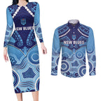 Custom NSW Blues Rugby Couples Matching Long Sleeve Bodycon Dress and Long Sleeve Button Shirt Aboriginal Mix Polynesian Pattern