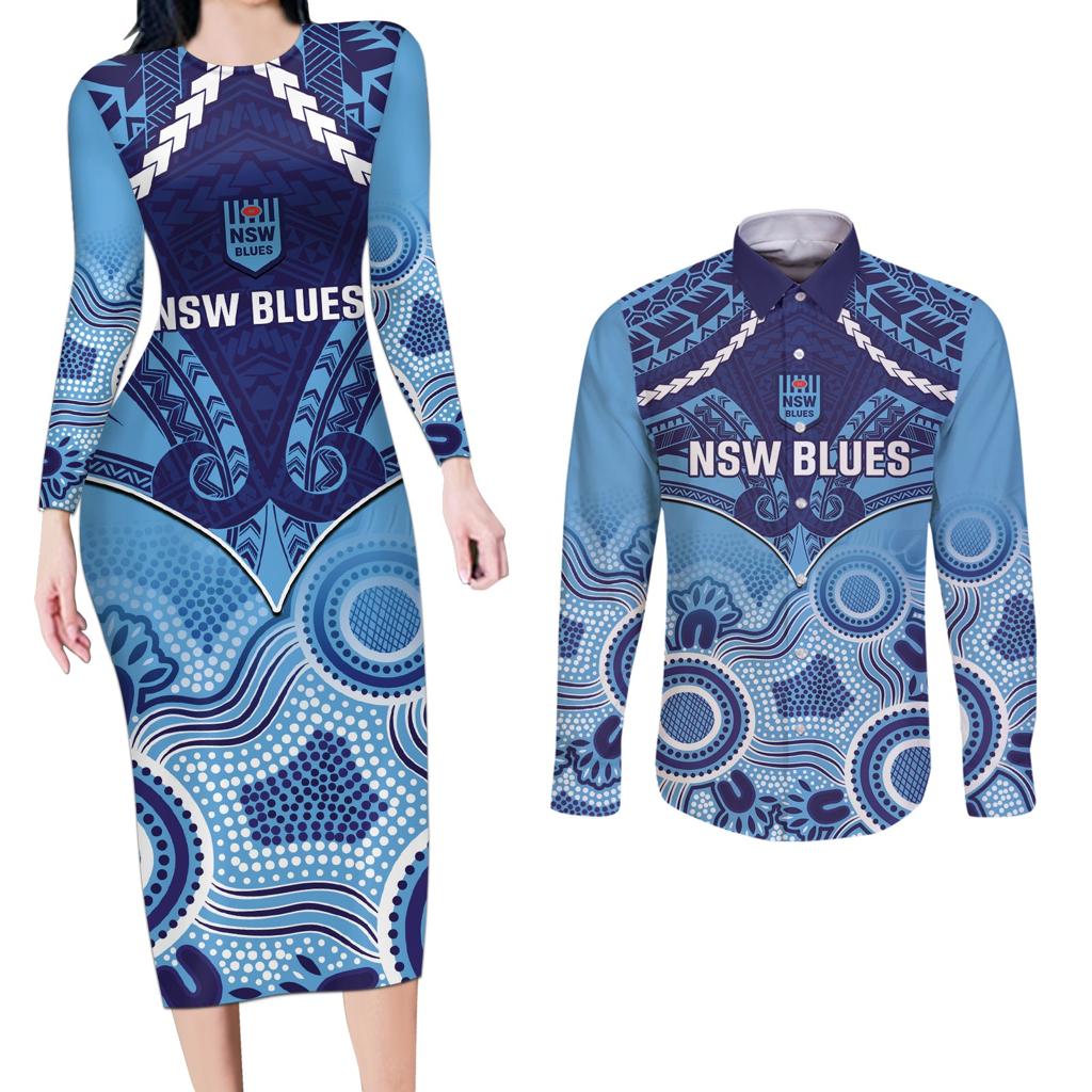 Custom NSW Blues Rugby Couples Matching Long Sleeve Bodycon Dress and Long Sleeve Button Shirt Aboriginal Mix Polynesian Pattern