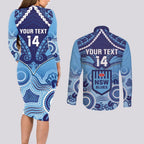Custom NSW Blues Rugby Couples Matching Long Sleeve Bodycon Dress and Long Sleeve Button Shirt Aboriginal Mix Polynesian Pattern