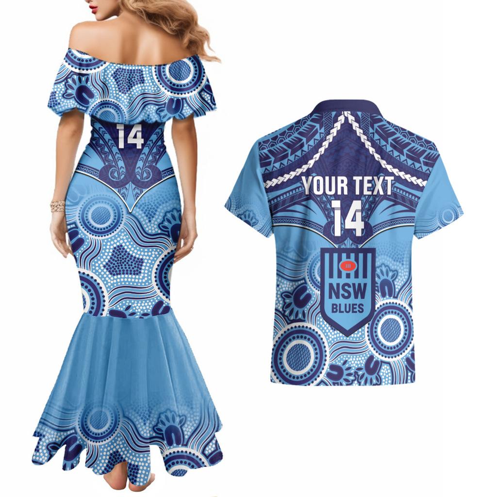 Custom NSW Blues Rugby Couples Matching Mermaid Dress and Hawaiian Shirt Aboriginal Mix Polynesian Pattern