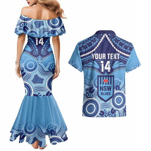 Custom NSW Blues Rugby Couples Matching Mermaid Dress and Hawaiian Shirt Aboriginal Mix Polynesian Pattern