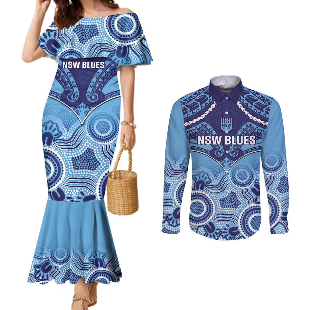 Custom NSW Blues Rugby Couples Matching Mermaid Dress and Long Sleeve Button Shirt Aboriginal Mix Polynesian Pattern