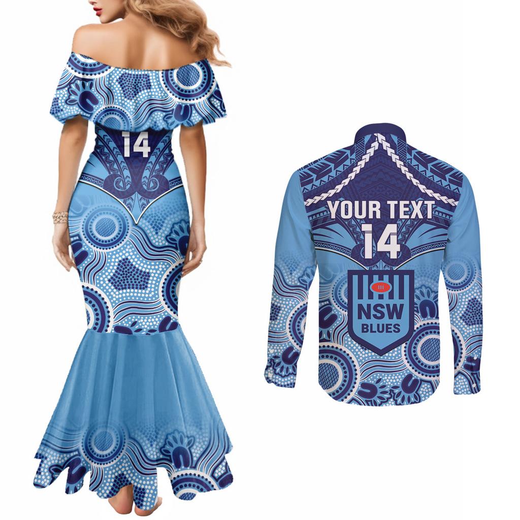 Custom NSW Blues Rugby Couples Matching Mermaid Dress and Long Sleeve Button Shirt Aboriginal Mix Polynesian Pattern