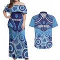 Custom NSW Blues Rugby Couples Matching Off Shoulder Maxi Dress and Hawaiian Shirt Aboriginal Mix Polynesian Pattern