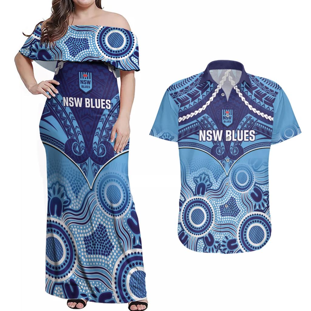 Custom NSW Blues Rugby Couples Matching Off Shoulder Maxi Dress and Hawaiian Shirt Aboriginal Mix Polynesian Pattern
