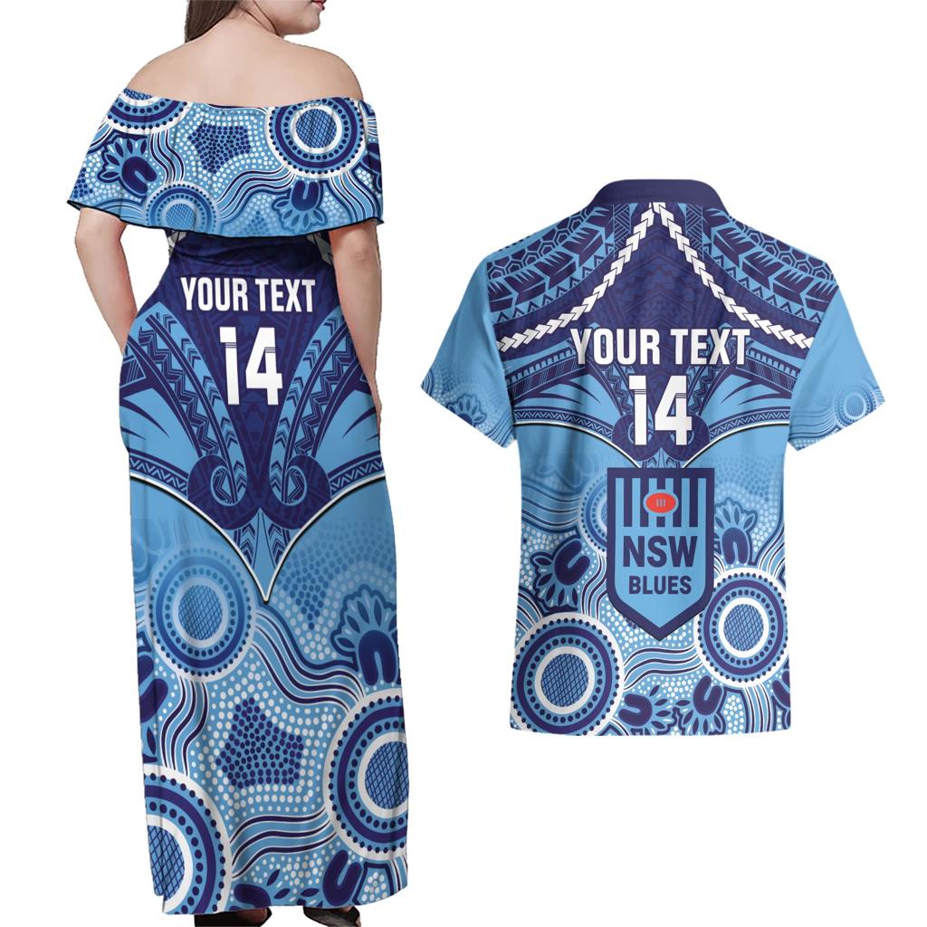 Custom NSW Blues Rugby Couples Matching Off Shoulder Maxi Dress and Hawaiian Shirt Aboriginal Mix Polynesian Pattern