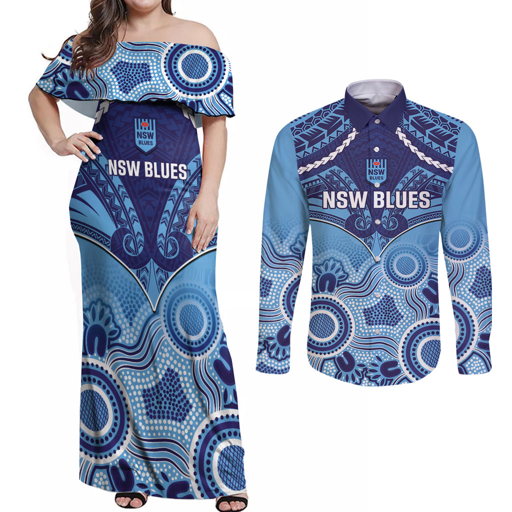 Custom NSW Blues Rugby Couples Matching Off Shoulder Maxi Dress and Long Sleeve Button Shirt Aboriginal Mix Polynesian Pattern