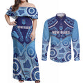 Custom NSW Blues Rugby Couples Matching Off Shoulder Maxi Dress and Long Sleeve Button Shirt Aboriginal Mix Polynesian Pattern
