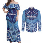 Custom NSW Blues Rugby Couples Matching Off Shoulder Maxi Dress and Long Sleeve Button Shirt Aboriginal Mix Polynesian Pattern