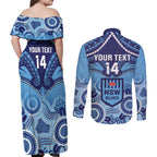 Custom NSW Blues Rugby Couples Matching Off Shoulder Maxi Dress and Long Sleeve Button Shirt Aboriginal Mix Polynesian Pattern