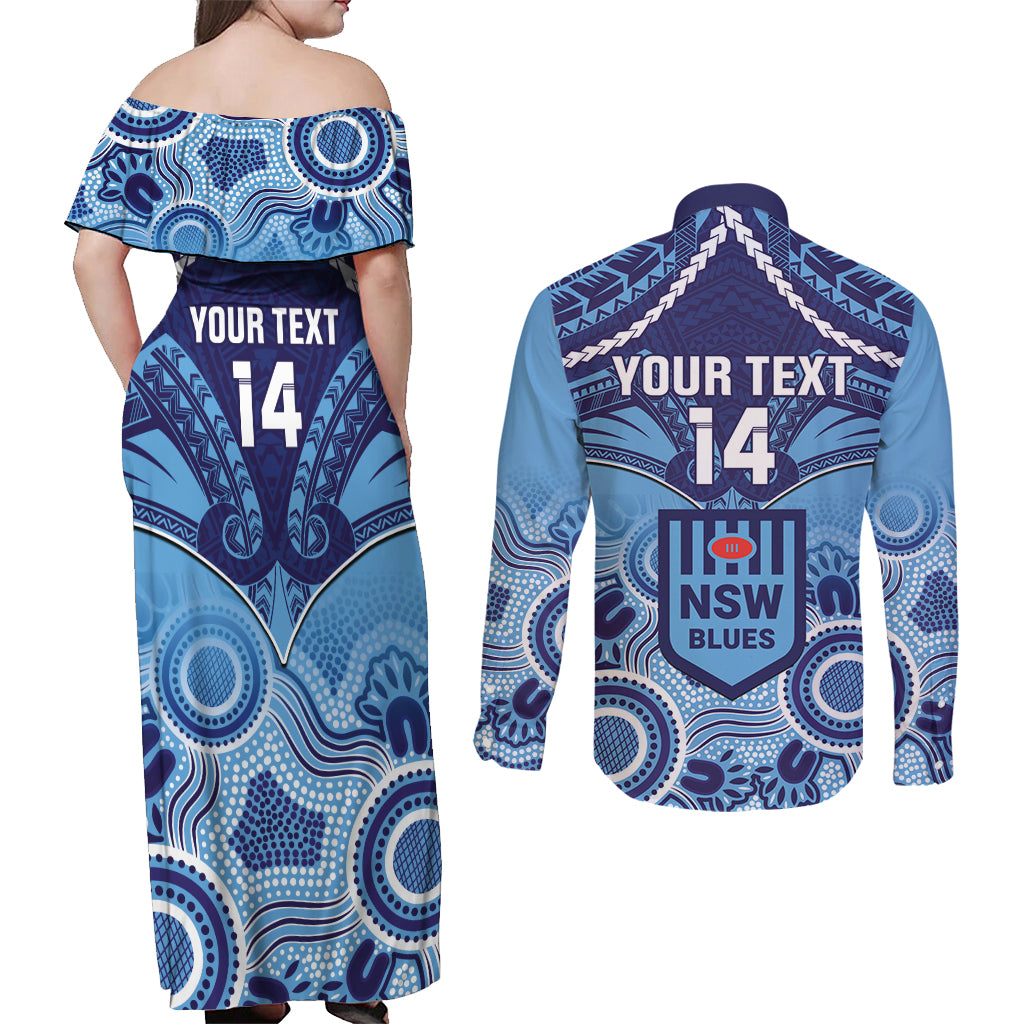 Custom NSW Blues Rugby Couples Matching Off Shoulder Maxi Dress and Long Sleeve Button Shirt Aboriginal Mix Polynesian Pattern