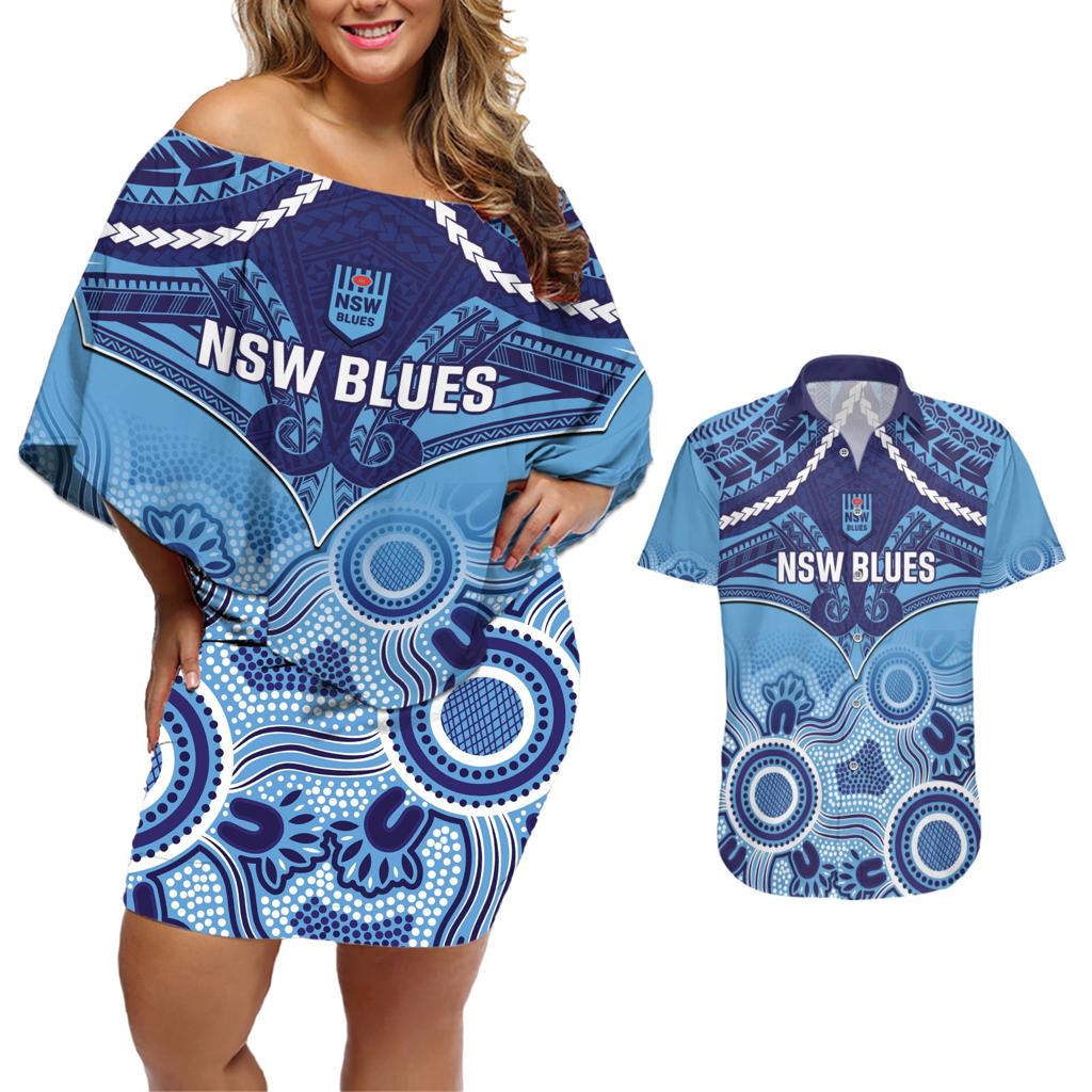 Custom NSW Blues Rugby Couples Matching Off Shoulder Short Dress and Hawaiian Shirt Aboriginal Mix Polynesian Pattern