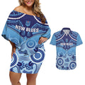 Custom NSW Blues Rugby Couples Matching Off Shoulder Short Dress and Hawaiian Shirt Aboriginal Mix Polynesian Pattern