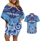 Custom NSW Blues Rugby Couples Matching Off Shoulder Short Dress and Hawaiian Shirt Aboriginal Mix Polynesian Pattern