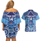 Custom NSW Blues Rugby Couples Matching Off Shoulder Short Dress and Hawaiian Shirt Aboriginal Mix Polynesian Pattern