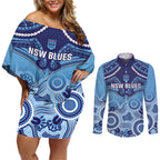 Custom NSW Blues Rugby Couples Matching Off Shoulder Short Dress and Long Sleeve Button Shirt Aboriginal Mix Polynesian Pattern