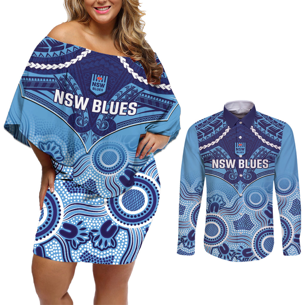 Custom NSW Blues Rugby Couples Matching Off Shoulder Short Dress and Long Sleeve Button Shirt Aboriginal Mix Polynesian Pattern