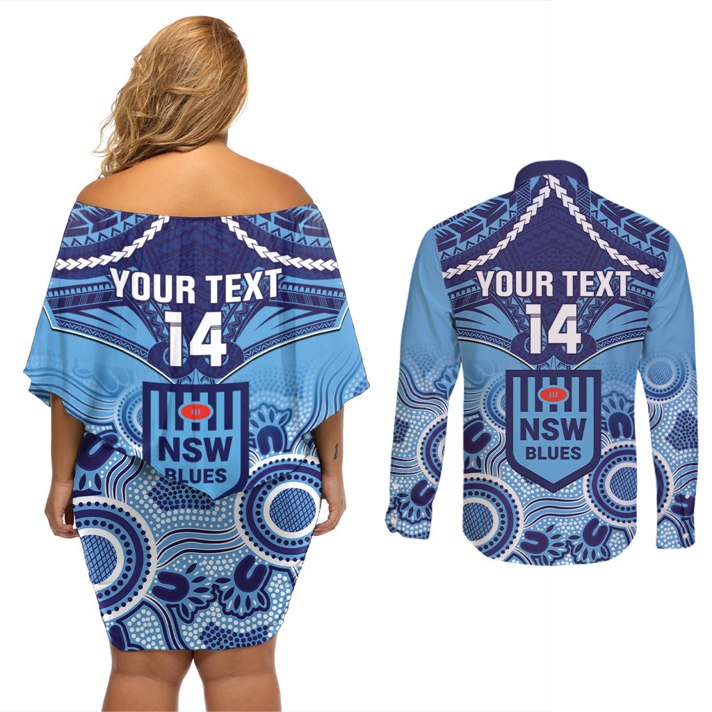 Custom NSW Blues Rugby Couples Matching Off Shoulder Short Dress and Long Sleeve Button Shirt Aboriginal Mix Polynesian Pattern