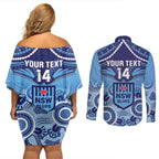 Custom NSW Blues Rugby Couples Matching Off Shoulder Short Dress and Long Sleeve Button Shirt Aboriginal Mix Polynesian Pattern