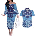 Custom NSW Blues Rugby Couples Matching Off The Shoulder Long Sleeve Dress and Hawaiian Shirt Aboriginal Mix Polynesian Pattern