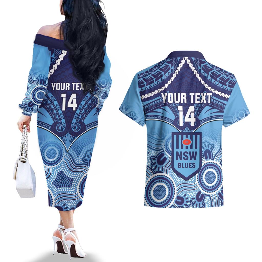 Custom NSW Blues Rugby Couples Matching Off The Shoulder Long Sleeve Dress and Hawaiian Shirt Aboriginal Mix Polynesian Pattern