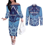 Custom NSW Blues Rugby Couples Matching Off The Shoulder Long Sleeve Dress and Long Sleeve Button Shirt Aboriginal Mix Polynesian Pattern