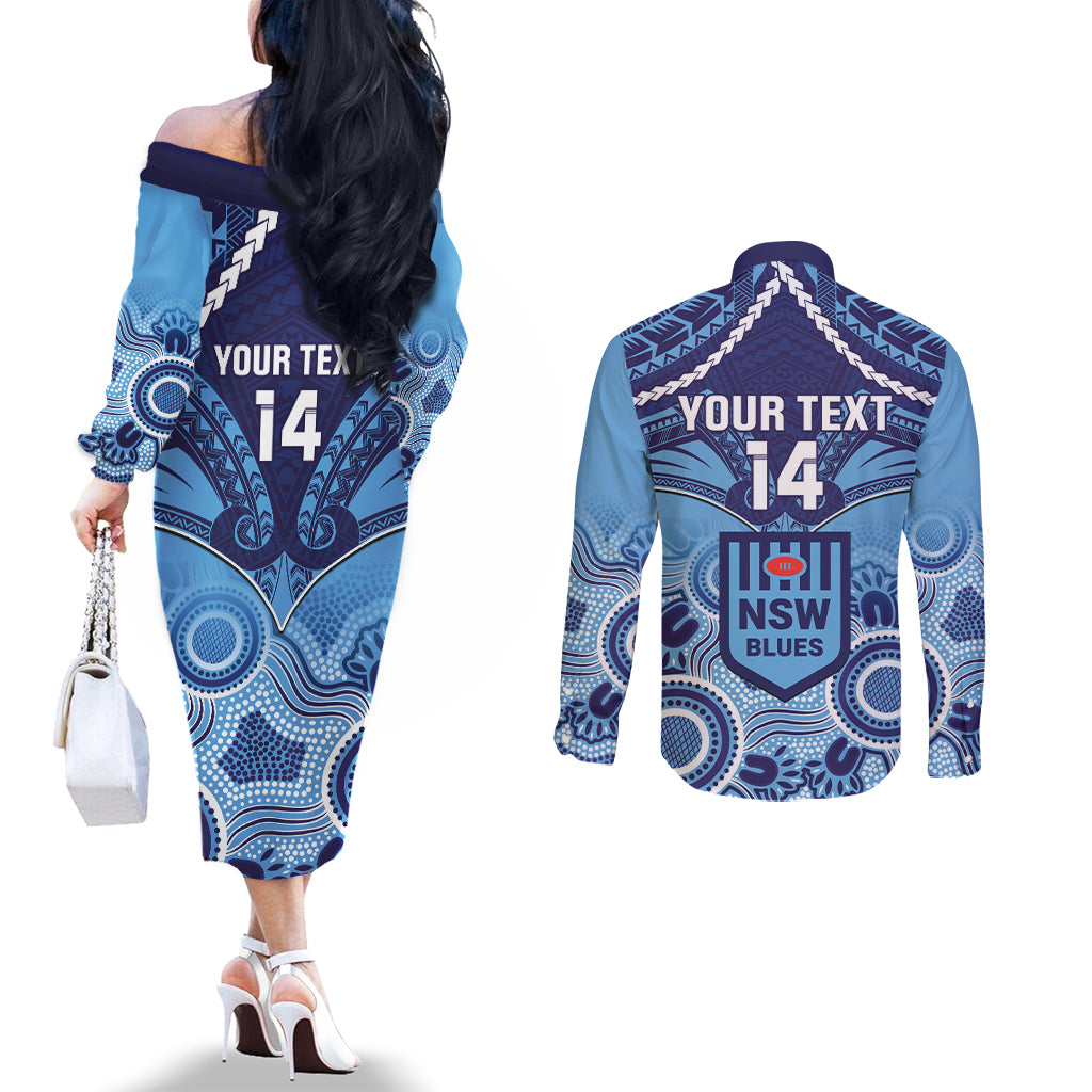 Custom NSW Blues Rugby Couples Matching Off The Shoulder Long Sleeve Dress and Long Sleeve Button Shirt Aboriginal Mix Polynesian Pattern