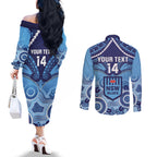 Custom NSW Blues Rugby Couples Matching Off The Shoulder Long Sleeve Dress and Long Sleeve Button Shirt Aboriginal Mix Polynesian Pattern