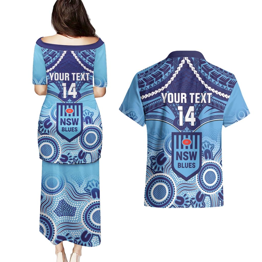 Custom NSW Blues Rugby Couples Matching Puletasi and Hawaiian Shirt Aboriginal Mix Polynesian Pattern