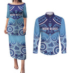 Custom NSW Blues Rugby Couples Matching Puletasi and Long Sleeve Button Shirt Aboriginal Mix Polynesian Pattern