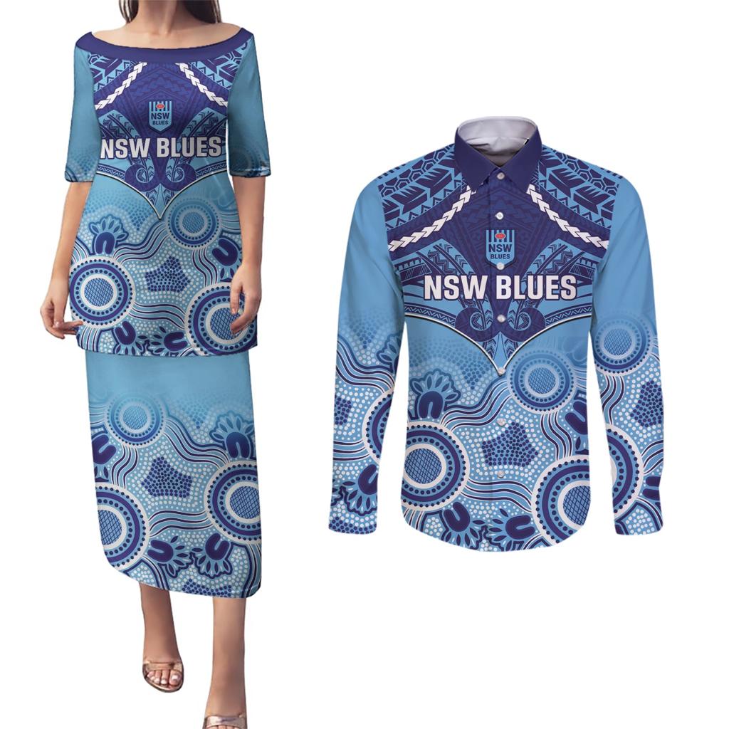 Custom NSW Blues Rugby Couples Matching Puletasi and Long Sleeve Button Shirt Aboriginal Mix Polynesian Pattern