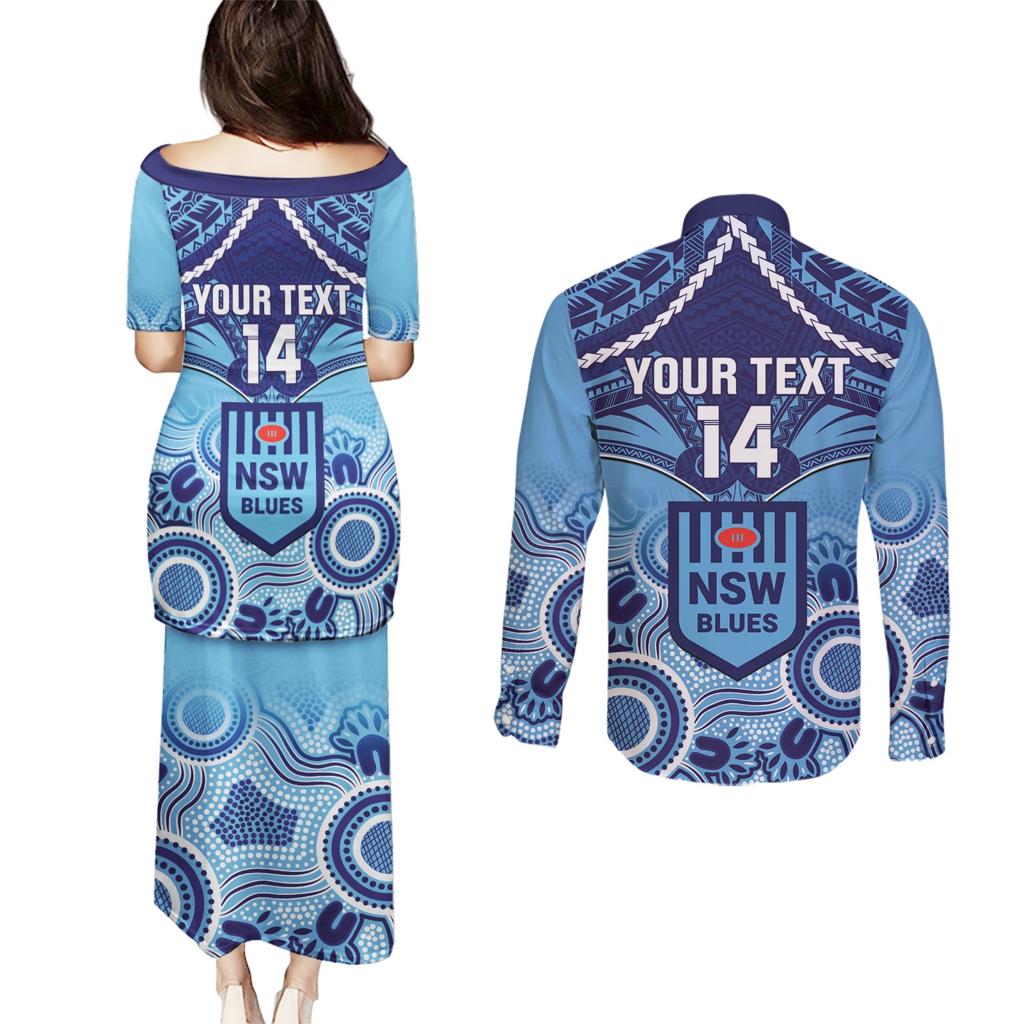 Custom NSW Blues Rugby Couples Matching Puletasi and Long Sleeve Button Shirt Aboriginal Mix Polynesian Pattern