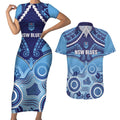 Custom NSW Blues Rugby Couples Matching Short Sleeve Bodycon Dress and Hawaiian Shirt Aboriginal Mix Polynesian Pattern