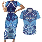 Custom NSW Blues Rugby Couples Matching Short Sleeve Bodycon Dress and Hawaiian Shirt Aboriginal Mix Polynesian Pattern
