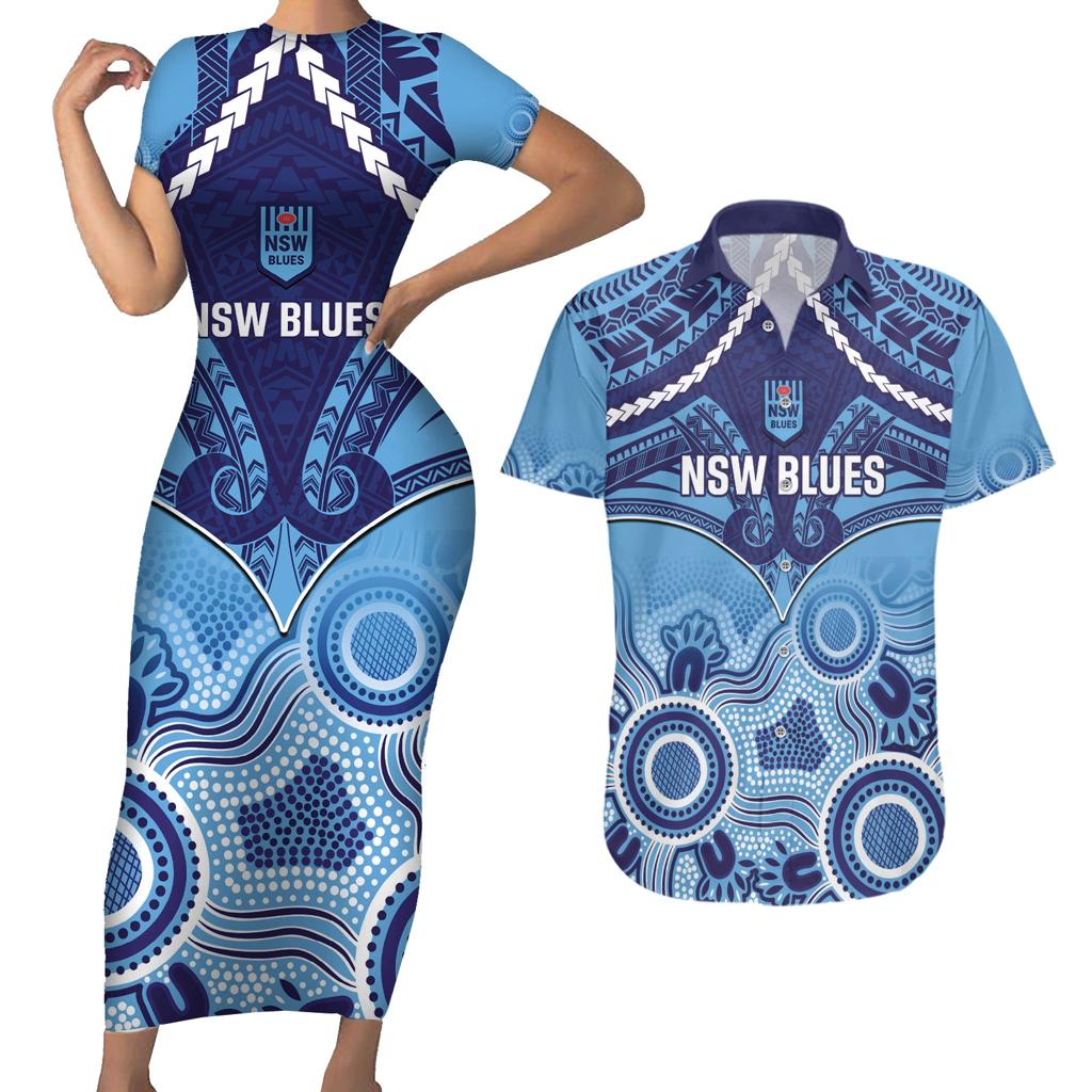 Custom NSW Blues Rugby Couples Matching Short Sleeve Bodycon Dress and Hawaiian Shirt Aboriginal Mix Polynesian Pattern