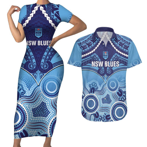Custom NSW Blues Rugby Couples Matching Short Sleeve Bodycon Dress and Hawaiian Shirt Aboriginal Mix Polynesian Pattern