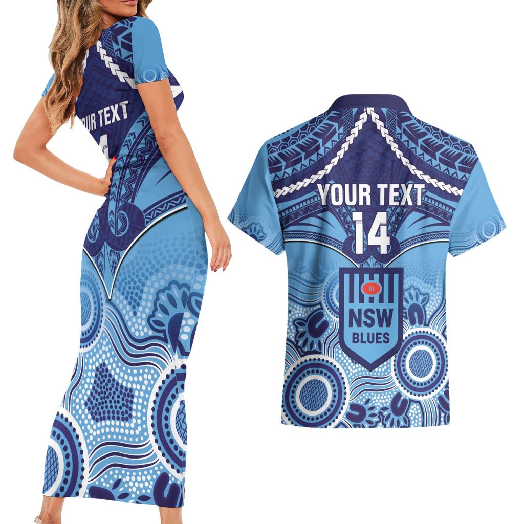 Custom NSW Blues Rugby Couples Matching Short Sleeve Bodycon Dress and Hawaiian Shirt Aboriginal Mix Polynesian Pattern