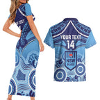 Custom NSW Blues Rugby Couples Matching Short Sleeve Bodycon Dress and Hawaiian Shirt Aboriginal Mix Polynesian Pattern