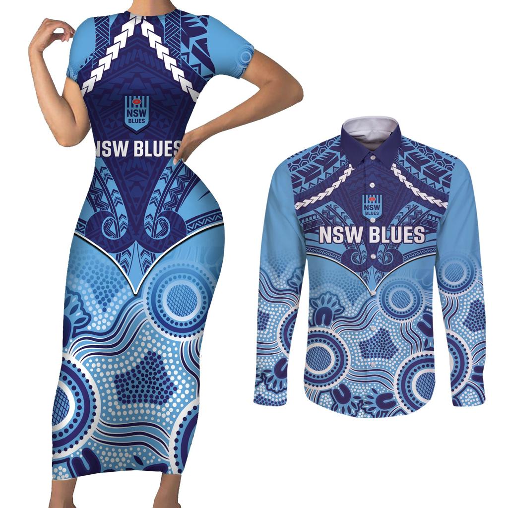 Custom NSW Blues Rugby Couples Matching Short Sleeve Bodycon Dress and Long Sleeve Button Shirt Aboriginal Mix Polynesian Pattern