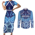 Custom NSW Blues Rugby Couples Matching Short Sleeve Bodycon Dress and Long Sleeve Button Shirt Aboriginal Mix Polynesian Pattern