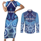 Custom NSW Blues Rugby Couples Matching Short Sleeve Bodycon Dress and Long Sleeve Button Shirt Aboriginal Mix Polynesian Pattern