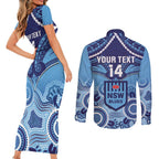 Custom NSW Blues Rugby Couples Matching Short Sleeve Bodycon Dress and Long Sleeve Button Shirt Aboriginal Mix Polynesian Pattern