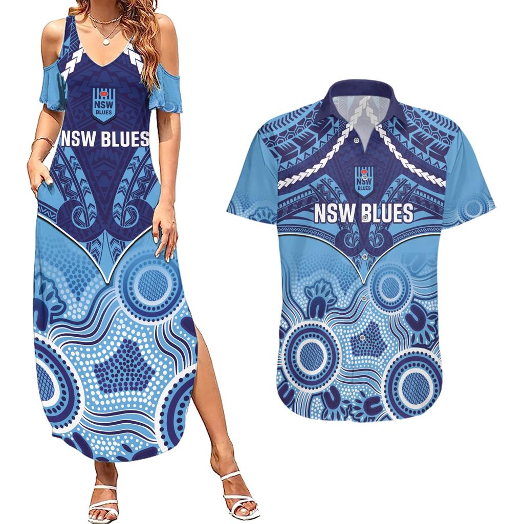 Custom NSW Blues Rugby Couples Matching Summer Maxi Dress and Hawaiian Shirt Aboriginal Mix Polynesian Pattern